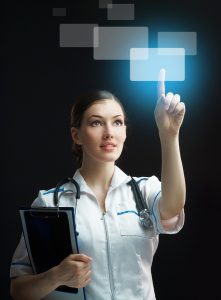 A woman in uniform with a stethoscope and clipboard uses a futuristic touchscreen that floats in the air