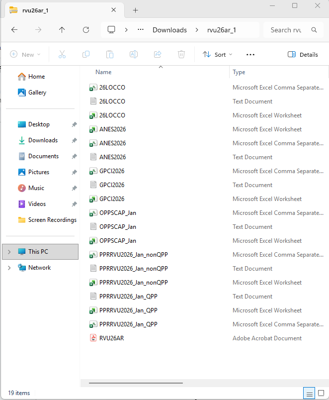 PFS Relative Value Files for 2026.